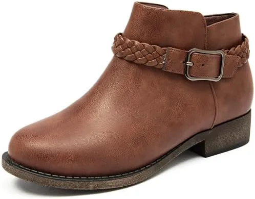 veittes womens ankle boots comfortable platform classic side zip round toe cover with buckle strap low chunky heel comfort slip on fashion bootsdark brownsize 8