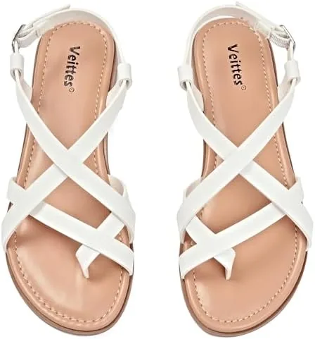 veittes womens gladiator flat sandals criss cross ankle strap design non slip sole open toe summer beach toe ring thong sandals whitesize 11 us