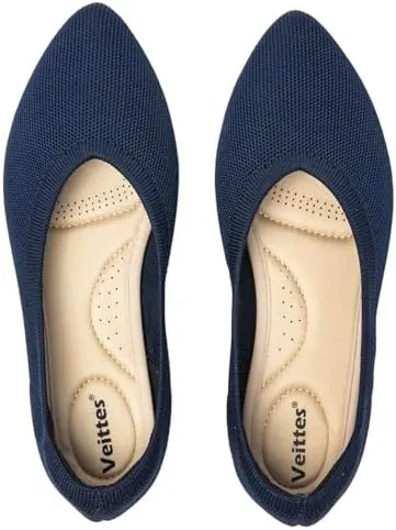 veittes womens wide width flats shoes comfortable casual slip on breathable knitted ballet flats navy 10 w us